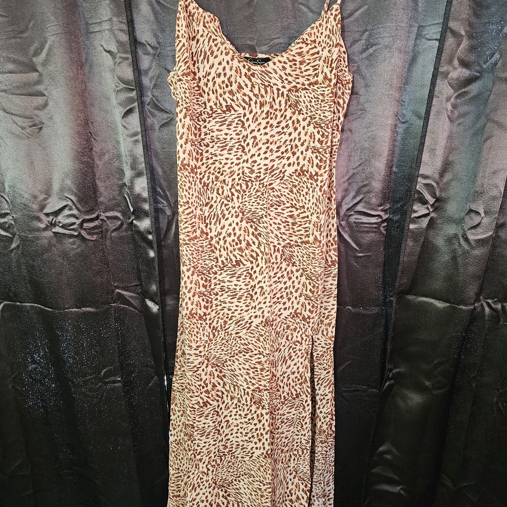 Jessica Simpson Brown Leopard Slip Dress W/Deep Side Slit V-Neck L